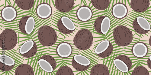 Fruit seamless pattern with coconut and leaves in flat design. Simple vector illustration.