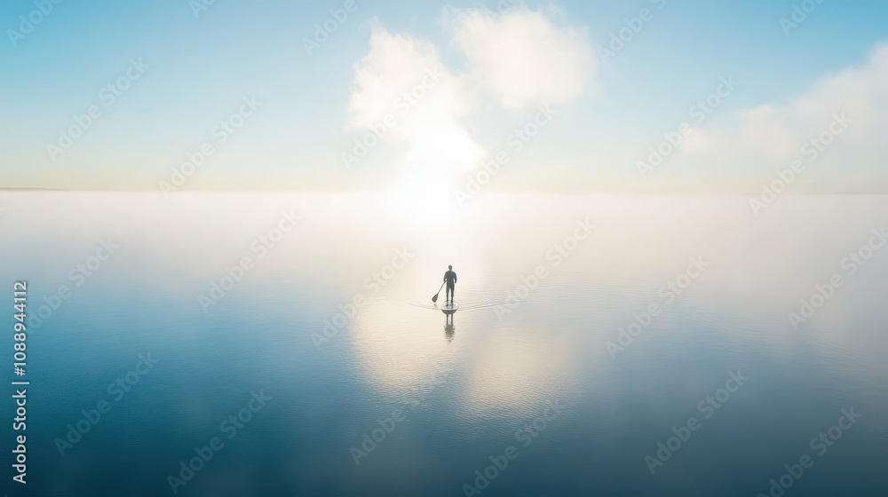 Solitary paddleboarder on calm, misty lake at sunrise. Solitary paddleboarder on calm, misty lake at sunrise.