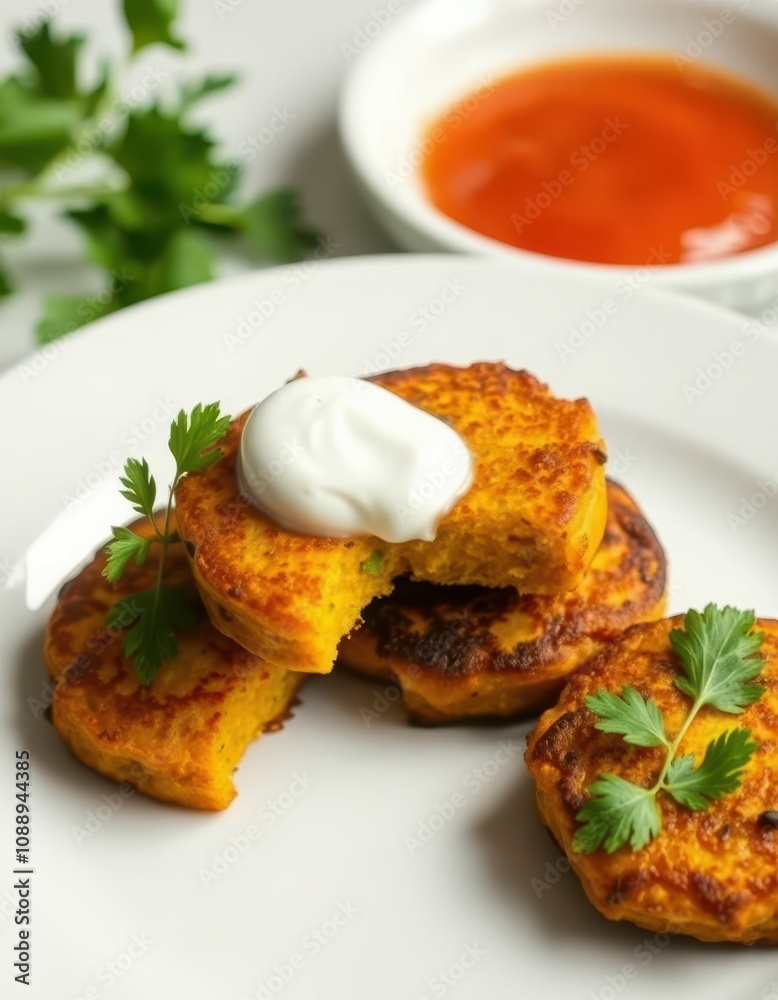 Delicious pumpkin fritters topped with sour cream and fresh parsley are ready to enjoy Delicious pumpkin fritters topped with sour cream and fresh parsley are ready to enjoy