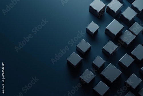 3D render of cubes arranged in a dark blue background. Abstract futuristic technology concept.