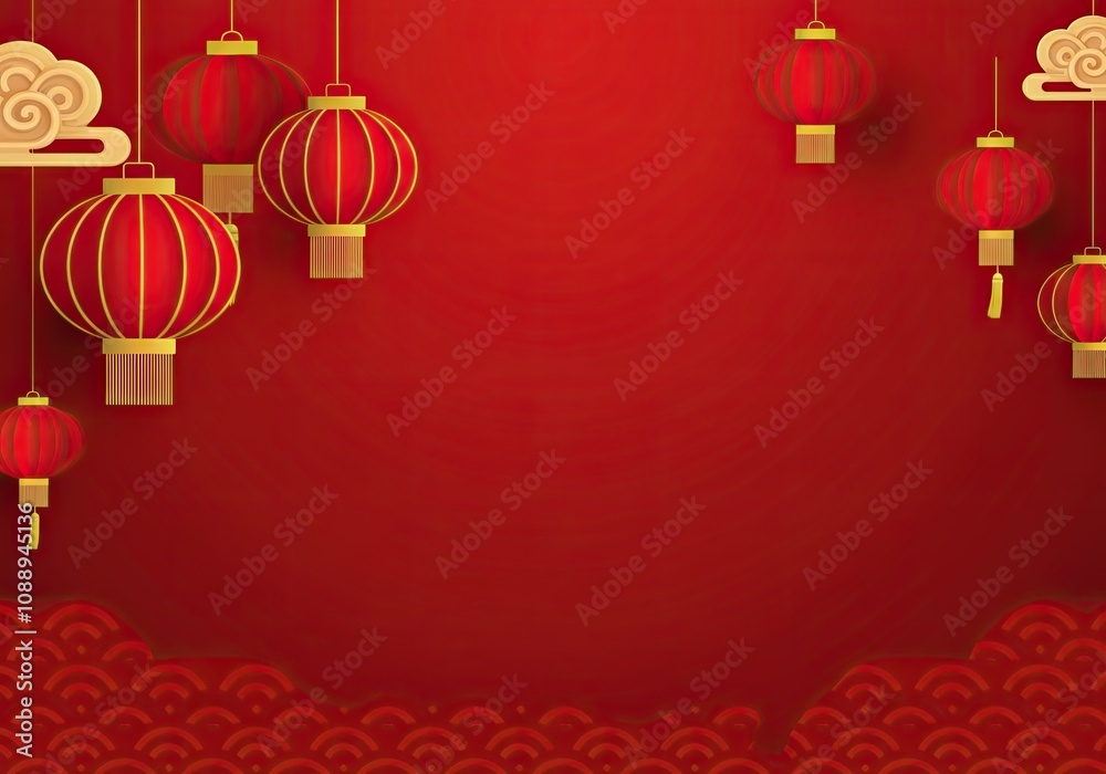 Red lanterns with golden tassels hanging on a red background with traditional cloud and wave patterns, creating a festive atmosphere for chinese new year celebration Red lanterns with golden tassels hanging on a red background with traditional cloud and wave patterns, creating a festive atmosphere for chinese new year celebration