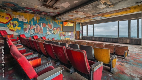 Abandoned theater with colorful graffiti and ocean view. photo