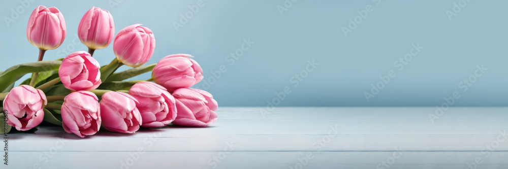 Fototapeta premium A bouquet of pink tulips on a blue background, an empty space for the text on the right