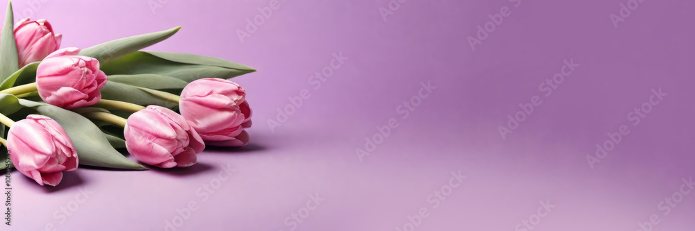 A bouquet of pink tulips on a violet background, an empty space for the text on the right A bouquet of pink tulips on a violet background, an empty space for the text on the right