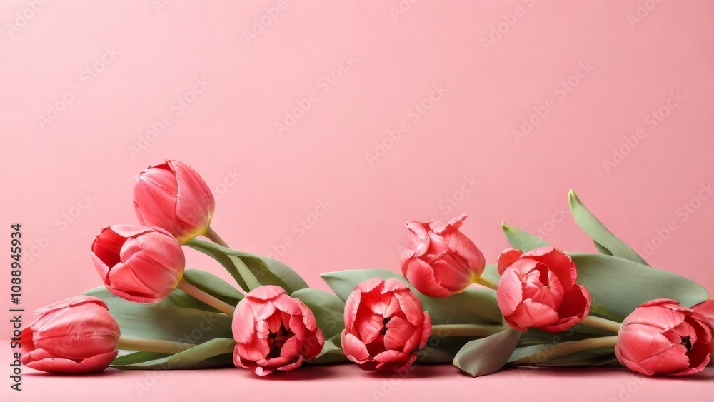 Beautiful red tulips in craft paper on pink pastel background with copy space, spring time, mother's day Beautiful red tulips in craft paper on pink pastel background with copy space, spring time, mother's day