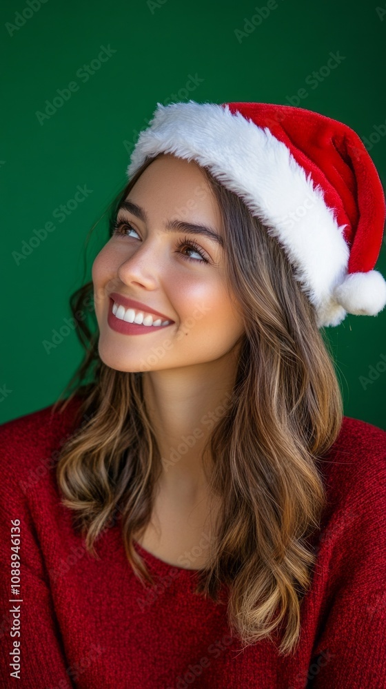 A woman wearing a red sweater and a red and white Christmas hat A woman wearing a red sweater and a red and white Christmas hat