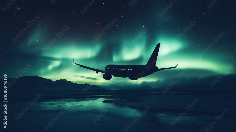 Fototapeta premium Night flight over Iceland reveals a breathtaking aurora borealis display