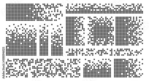 Pixel disintegration background. Decay effect. Dispersed dotted pattern. Pixelated shape