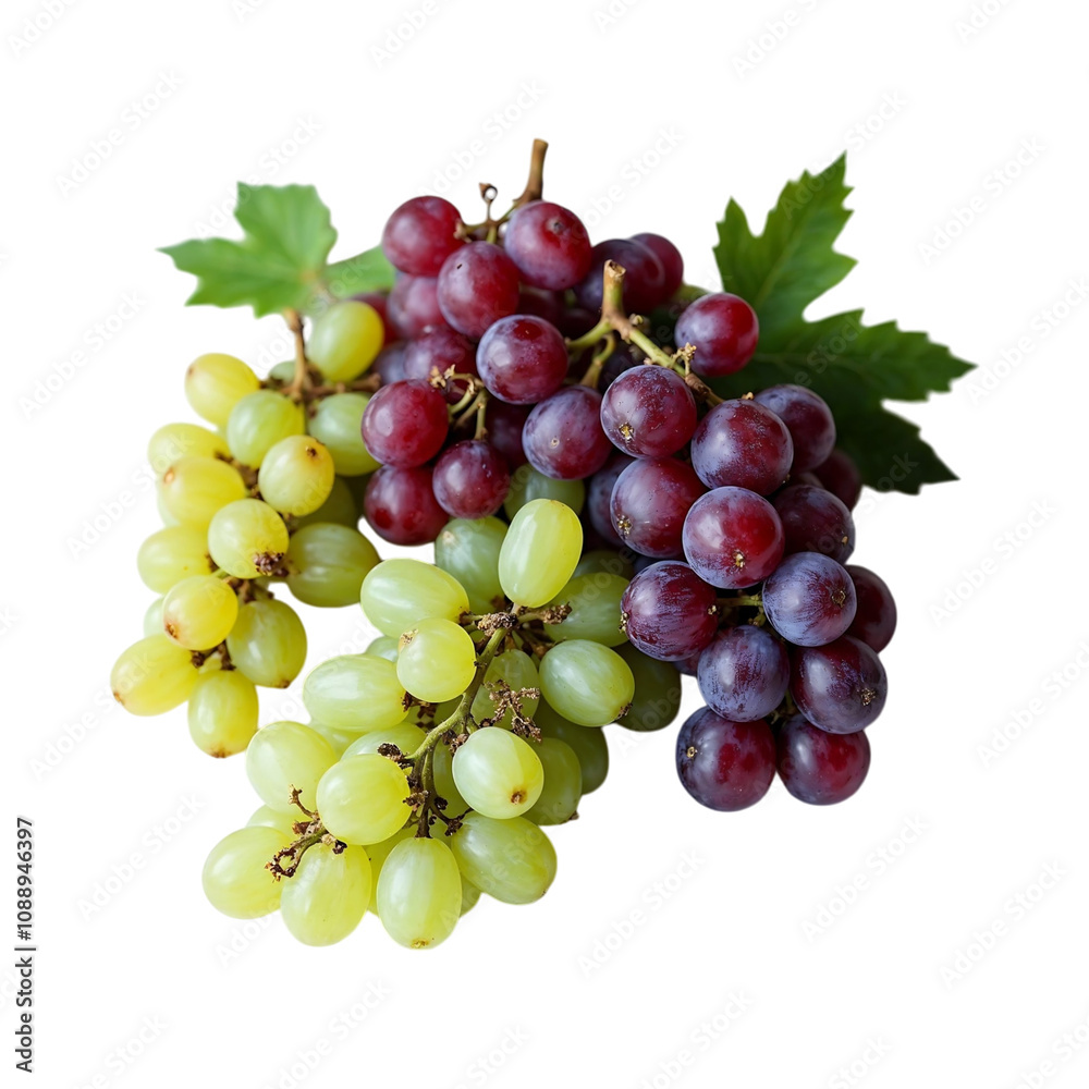 Fototapeta premium Fresh Green and Red Grapes Bunch with Leaves