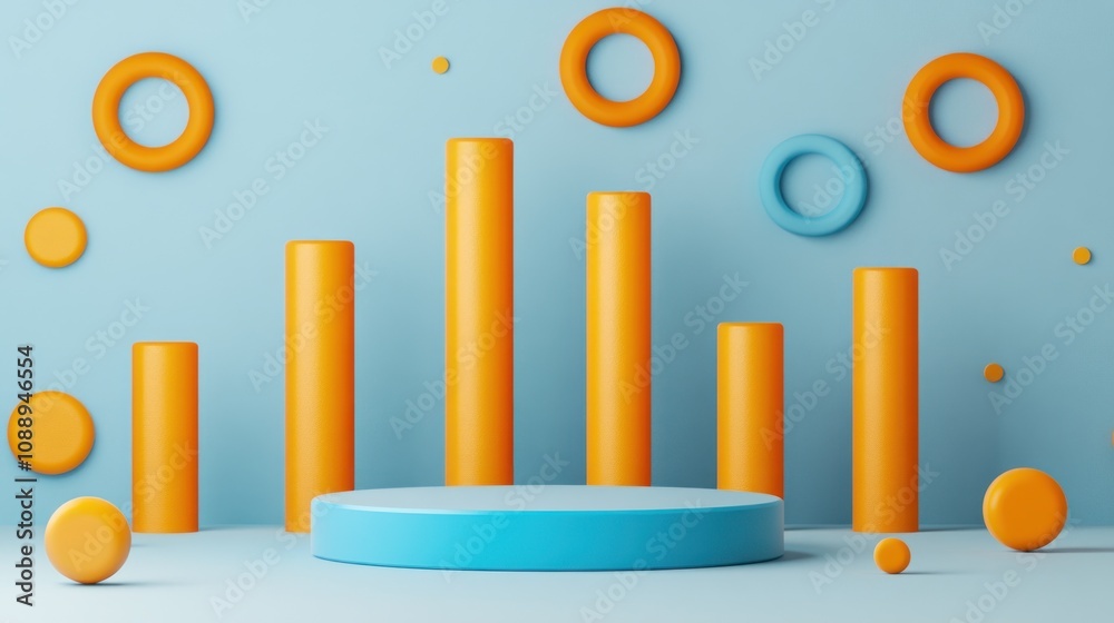 Abstract scene with colorful geometric shapes and a podium on a blue background.