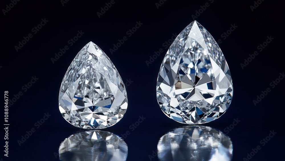 Two sparkling teardrop-shaped diamonds reflecting light against a dark background. Two sparkling teardrop-shaped diamonds reflecting light against a dark background.
