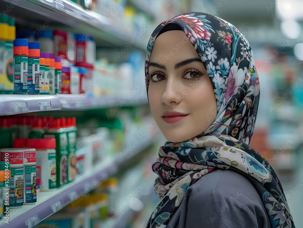 A Woman in a Floral Hijab Looks Back in a Supermarket Aisle A Woman in a Floral Hijab Looks Back in a Supermarket Aisle