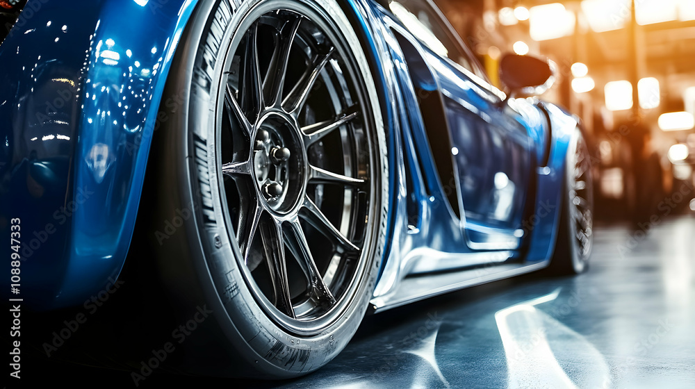 A Close-Up of a Shiny Blue Sports Car's Wheel and Fender, Captured in a Garage Setting with the Sun Shining Through the Windows A Close-Up of a Shiny Blue Sports Car's Wheel and Fender, Captured in a Garage Setting with the Sun Shining Through the Windows
