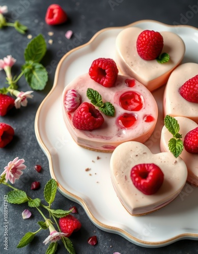 Delicious heart-shaped raspberry cheesecakes adorn a scalloped plate, perfect for a romantic Valentine's Day treat photo