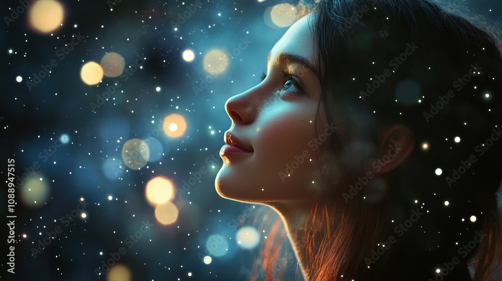 Enchanting Female Portrait With Glowing Stars at Night Enchanting Female Portrait With Glowing Stars at Night