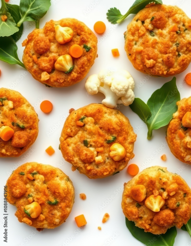 Savory cauliflower and carrot fritters, garnished with fresh herbs, make a delicious and healthy snack Savory cauliflower and carrot fritters, garnished with fresh herbs, make a delicious and healthy snack