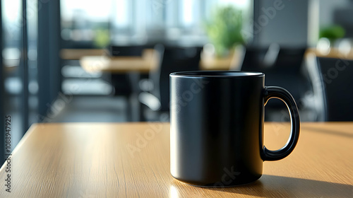 A Black Coffee Mug Rests on a Wooden Table in a Modern Office Setting, with Sunlight Streaming Through the Window