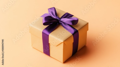 A beautifully wrapped gift box with a purple ribbon on a soft orange background.