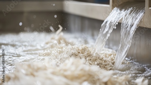 Shredded paper is combined with water and chemicals in a pulping machine for recycling