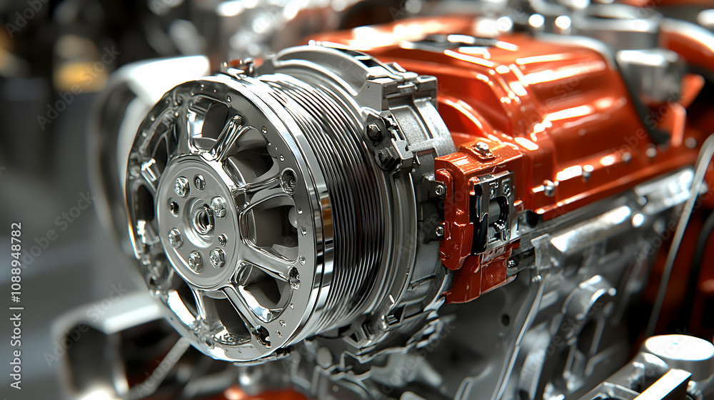 Close-up of a Shiny Chrome Pulley Attached to a Powerful Engine, Featuring a Red and Silver Design, in a Detail-Oriented 3D Render Close-up of a Shiny Chrome Pulley Attached to a Powerful Engine, Featuring a Red and Silver Design, in a Detail-Oriented 3D Render