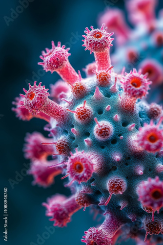 detailed macro photography of virus, showcasing its intricate structure and vibrant colors. image highlights scientific aspects of virology and microscopic life