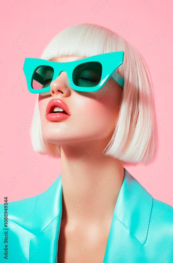 Futuristic fashion exploration featuring a white-haired model in teal sunglasses and a geometric suit against a minimalist pink backdrop Futuristic fashion exploration featuring a white-haired model in teal sunglasses and a geometric suit against a minimalist pink backdrop