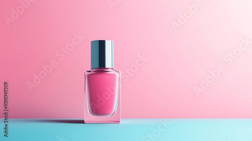 A single bottle of pink nail polish against a pink and blue background.