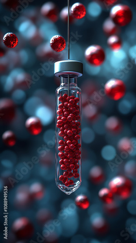 glass vial filled with red spheres, suspended against blurred blue background, creates striking visual of science and innovation. vibrant red contrasts beautifully with cool tones