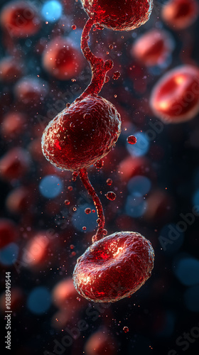 Red blood cells floating in vibrant, dynamic background with bubbles. image captures essence of life and vitality, showcasing intricate details of blood flow