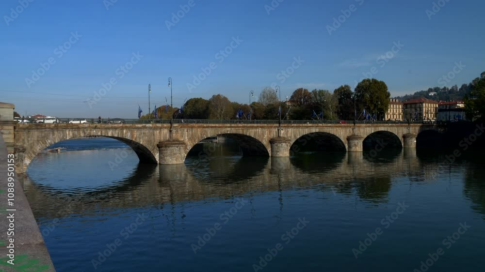 Italy, Turin, 11-10-2024. Famous bridge Vittorio Emanuele I in a sunny day. Slow motion 4K Italy, Turin, 11-10-2024. Famous bridge Vittorio Emanuele I in a sunny day. Slow motion 4K