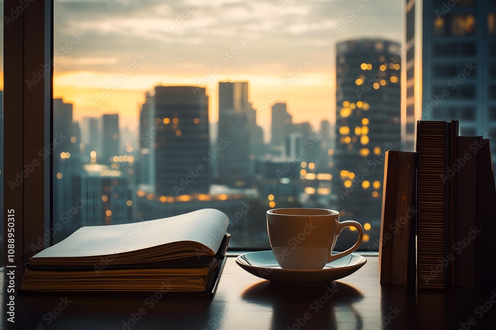 Books, coffee, and modern decor on office desk with building view. Books, coffee, and modern decor on office desk with building view.