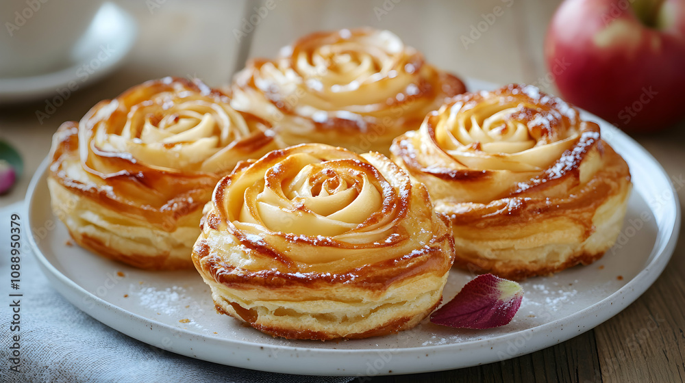 Golden-Brown Apple Rose Pastries, Baked to Perfection on a Plate, Sweet Treat Golden-Brown Apple Rose Pastries, Baked to Perfection on a Plate, Sweet Treat