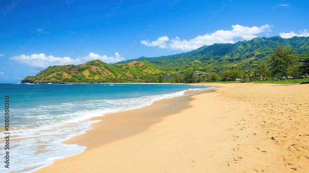 Sunny beach with golden sand, turquoise water, and lush green mountains under a bright blue sky. Sunny beach with golden sand, turquoise water, and lush green mountains under a bright blue sky.