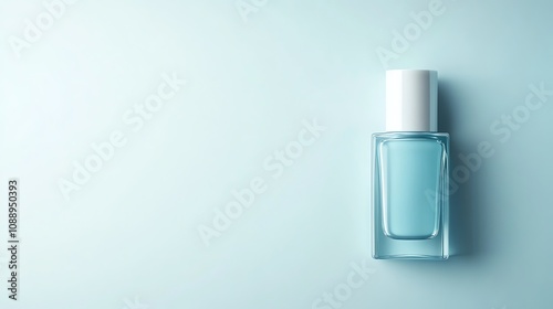 A single bottle of light blue nail polish on a blue background.