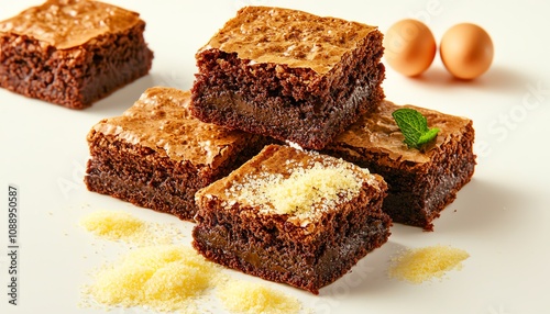 Delicious chocolate brownies stacked with sprinkle toppings and eggs, white isolate background. photo