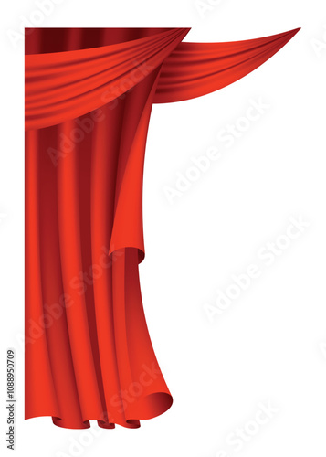 Red curtains realistic. Theater fabric silk decoration for movie cinema or opera hall. Curtains and draperies interior decoration object. Isolated on transparent for theater stage