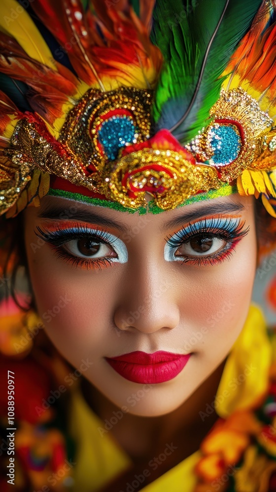 Close-up of a focused traditional dancer showcasing vibrant makeup and a colorful headdress Close-up of a focused traditional dancer showcasing vibrant makeup and a colorful headdress