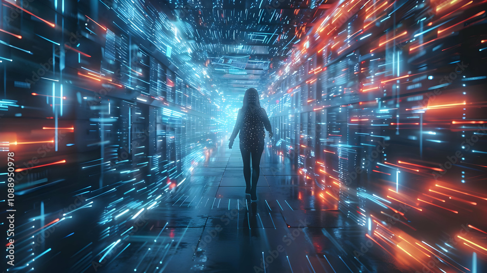 Fototapeta premium 3D Digital Corridor: Woman Walks Through Neon Data Streams and Glowing Abstract Background