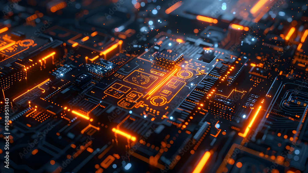 Abstract 3D Render of Glowing Circuit Board with Orange Lines, Futuristic Technology Background Illustration Abstract 3D Render of Glowing Circuit Board with Orange Lines, Futuristic Technology Background Illustration