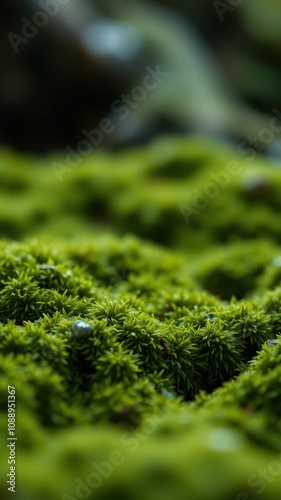 Lush green moss thrives in a shaded forest environment during the afternoon