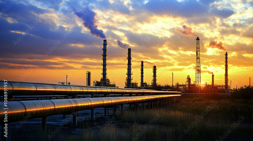 Silhouetted Industrial Complex with Smoke Stacks and Pipes Against a Vibrant Sunset Sky, Representing the Complexities of Energy Production and Environmental Impact Silhouetted Industrial Complex with Smoke Stacks and Pipes Against a Vibrant Sunset Sky, Representing the Complexities of Energy Production and Environmental Impact