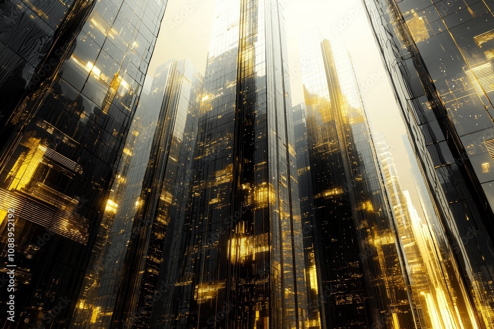 A futuristic cityscape with towering skyscrapers made of black and gold glass. Reflections on the surface create a sense of depth and grandeur.