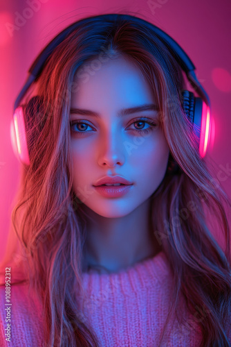 young woman with long hair wearing headphones, immersed in music, surrounded by vibrant pink and blue lights. Her expression conveys sense of enjoyment and connection to sound