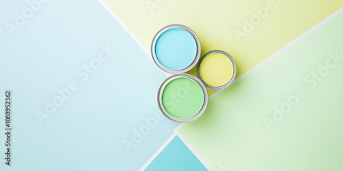 A flat lay of pastel blue green and yellow paint cans. Repare web-banner. top view, copy space.
