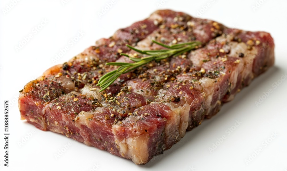a piece of uncooked seasoned mutton steak, showing all detailed texture, no shadow, plain white background a piece of uncooked seasoned mutton steak, showing all detailed texture, no shadow, plain white background