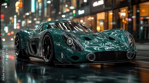 Sleek, dark-green sports car on a rain-slick city street at night.