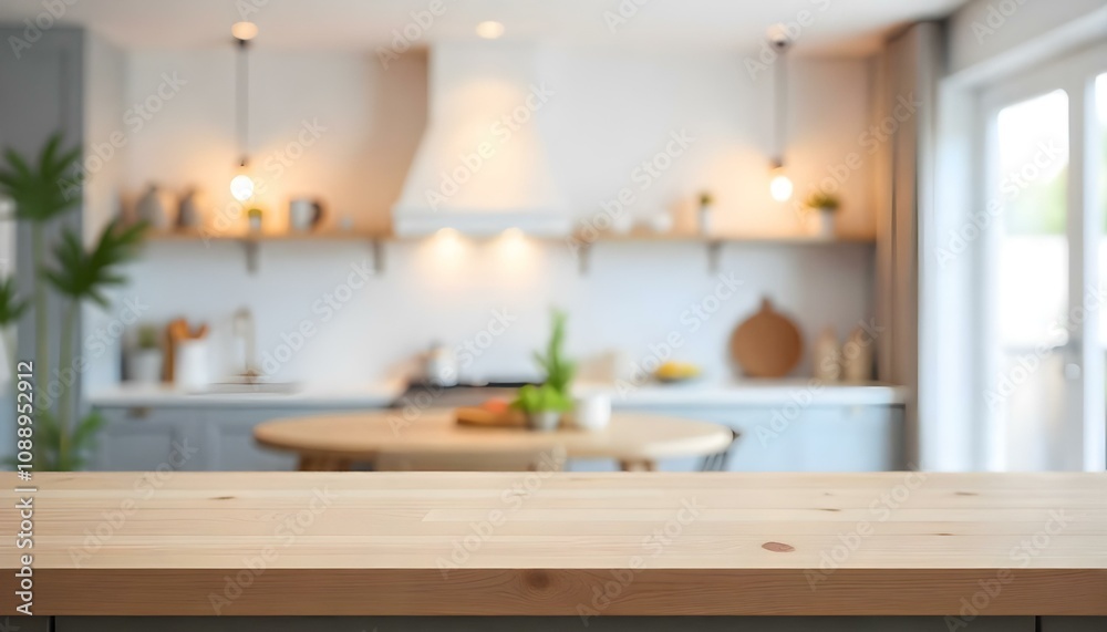 Wooden table top with blurred kitchen interior in the background Wooden table top with blurred kitchen interior in the background
