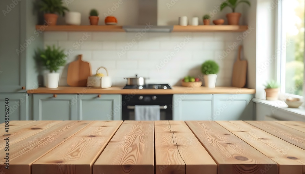 Wooden table top with blurred kitchen interior in the background Wooden table top with blurred kitchen interior in the background