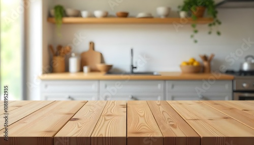 Wooden table top with blurred kitchen interior in the background