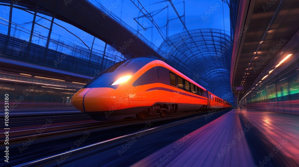 Golden hour scenery with high-speed orange train on station platform Golden hour scenery with high-speed orange train on station platform